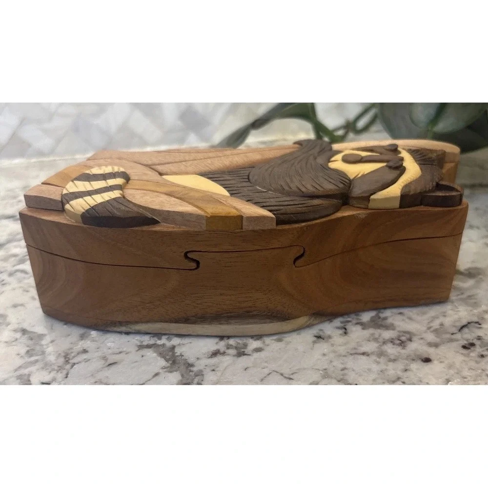 Hand crafted‎ 3D Intarsia Wood Art RACCOON Puzzle Wooden Box Wild Animal